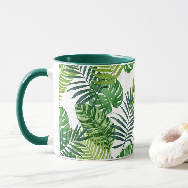 Green Tropical Leaves    Mug (With Donut)