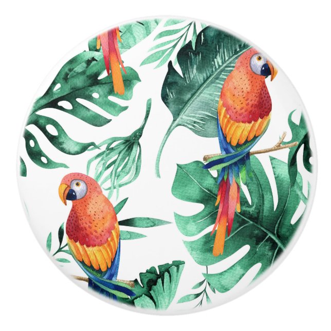 Green Tropical Leaves & Parrots Summer Island Ceramic Knob (Front)