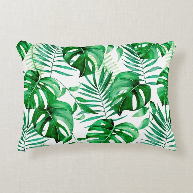 Green tropical leaves pattern accent pillow (Front)