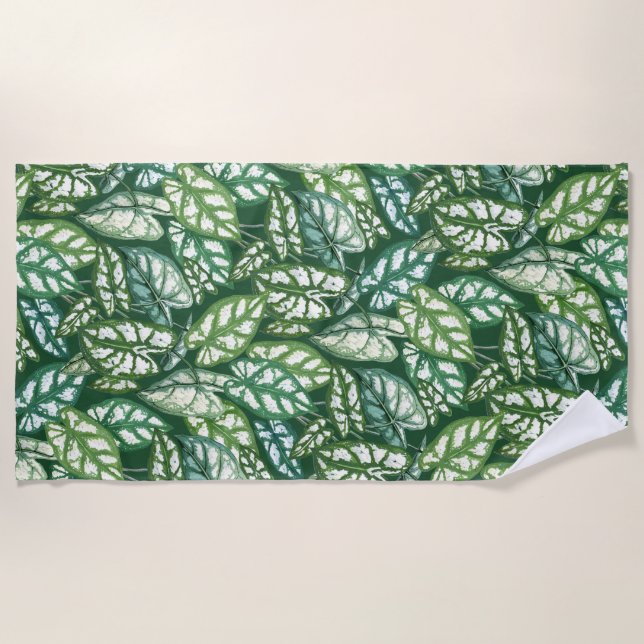 Green Tropical Leaves Pattern Beach Towel (Front)