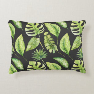 Green Tropical Leaves Pattern Black Botanical  Accent Pillow