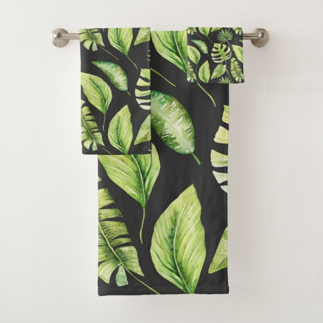 Green Tropical Leaves Pattern Black Botanical      Bath Towel Set (Insitu)