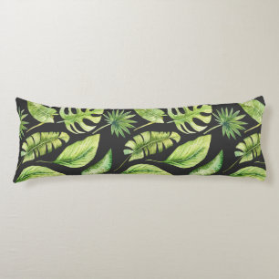 Green Tropical Leaves Pattern Black Botanical   Body Pillow