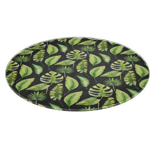 Green Tropical Leaves Pattern Black Botanical Cutting Board