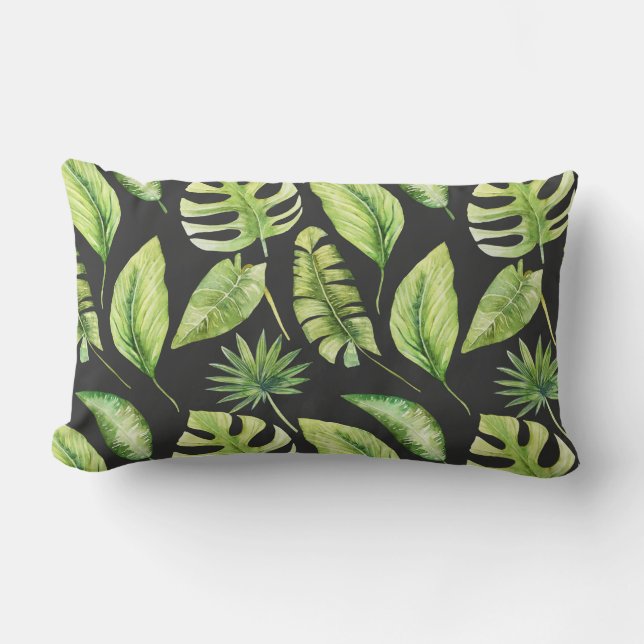 Green Tropical Leaves Pattern Black Botanical Lumbar Pillow (Front)