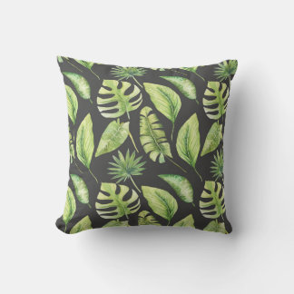 Green Tropical Leaves Pattern Black Botanical Outdoor Pillow
