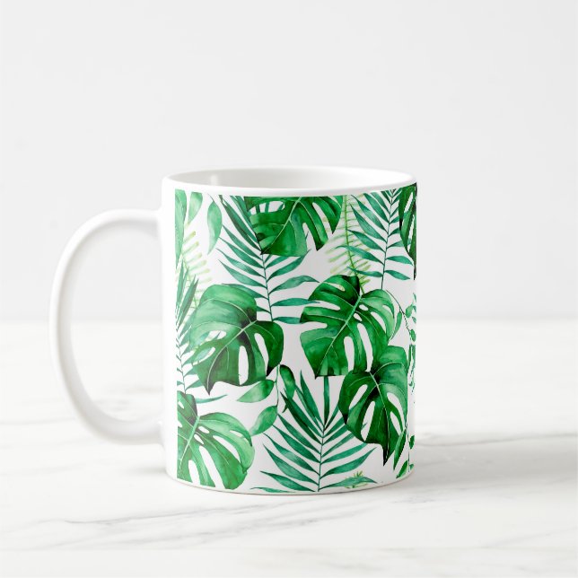 Green tropical leaves pattern coffee mug (Left)