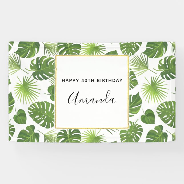 Green Tropical Leaves Pattern Happy Birthday Banner (Horizontal)