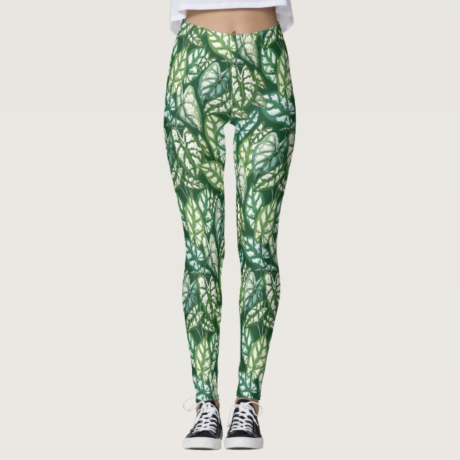 Green Tropical Leaves Pattern  Leggings (Front)