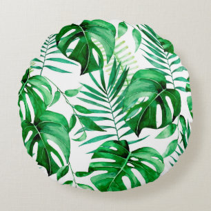 Green tropical leaves pattern round pillow