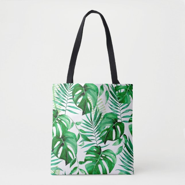 Green tropical leaves pattern tote bag (Front)