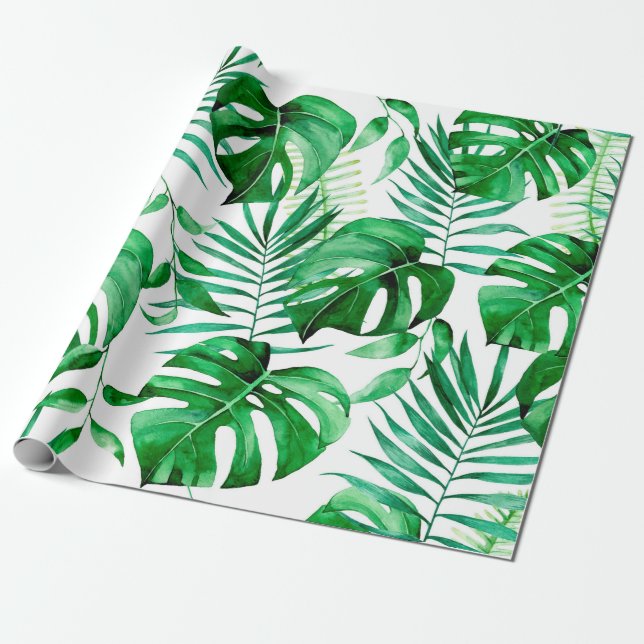 Green tropical leaves pattern wrapping paper (Unrolled)