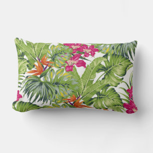 Green Tropical Leaves Pink Orange Flowers Lumbar Lumbar Pillow