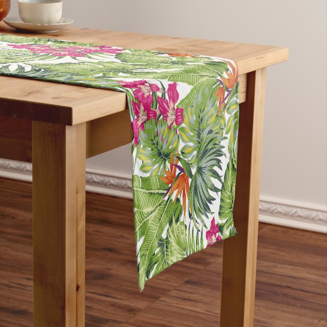 Green Tropical Leaves Pink Orange Flowers Lumbar Short Table Runner (In Situ)