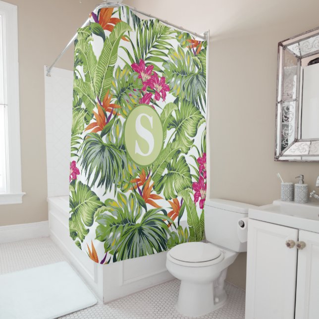 Green Tropical Leaves Pink Orange Flowers Monogram (In Situ)