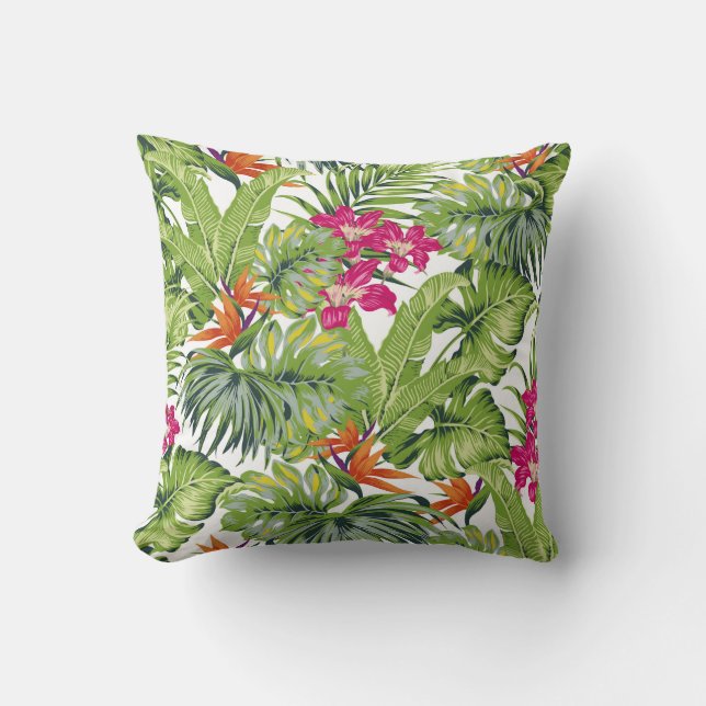 Green Tropical Leaves Pink Orange Flowers Throw Pillow (Front)