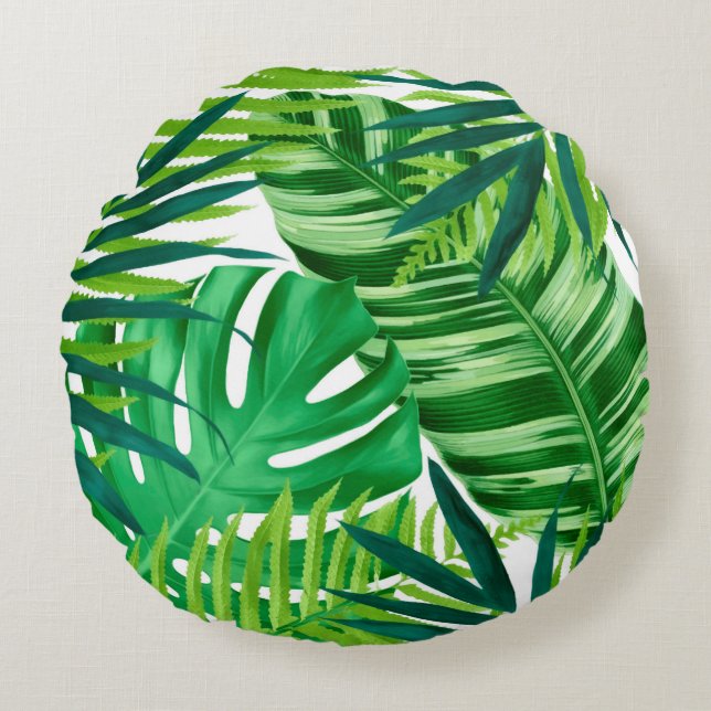 Green tropical leaves round pillow (Front)