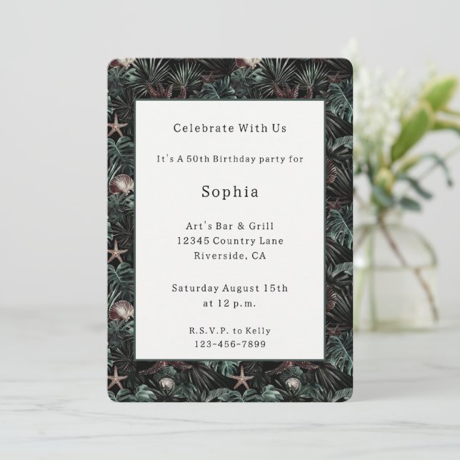 Green Tropical Leaves Starfish Shells Birthday Invitation (Standing Front)