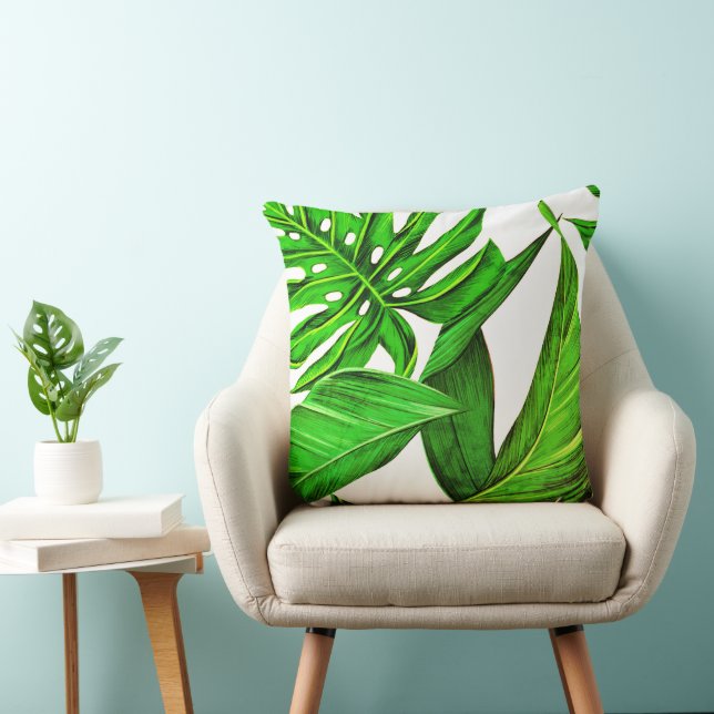 Green Tropical Leaves Summer Decor Throw Pillow (Chair)