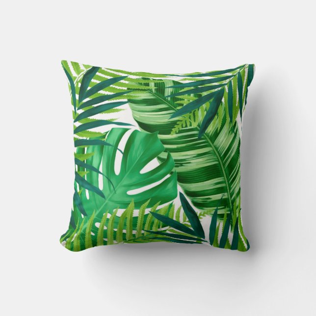 Green tropical leaves throw pillow (Front)