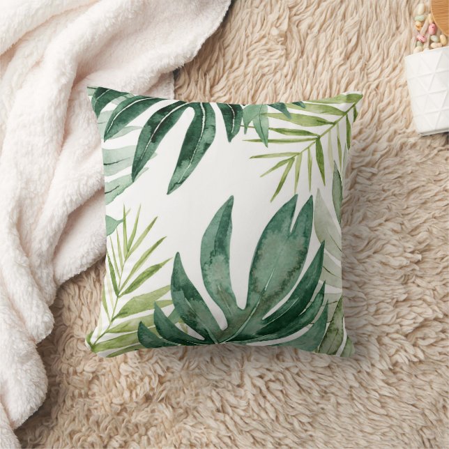 Green Tropical Leaves Throw Pillow (Blanket)
