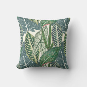 Green tropical leaves throw pillow
