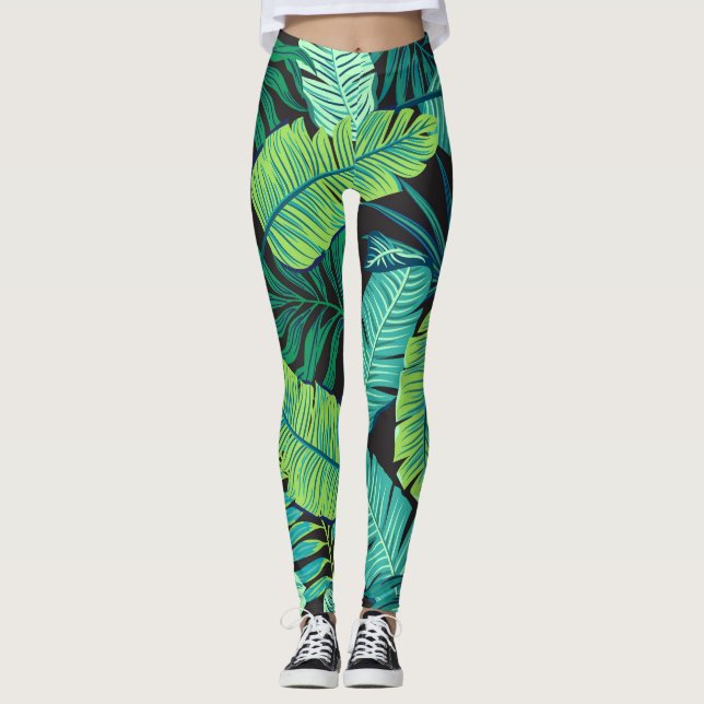 Green tropical leaves: vintage pattern. leggings (Front)