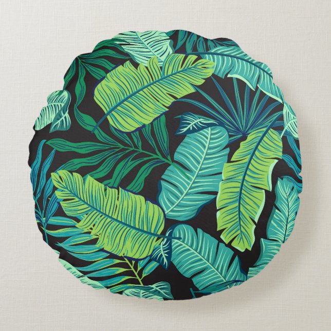 Green tropical leaves: vintage pattern. round pillow (Front)