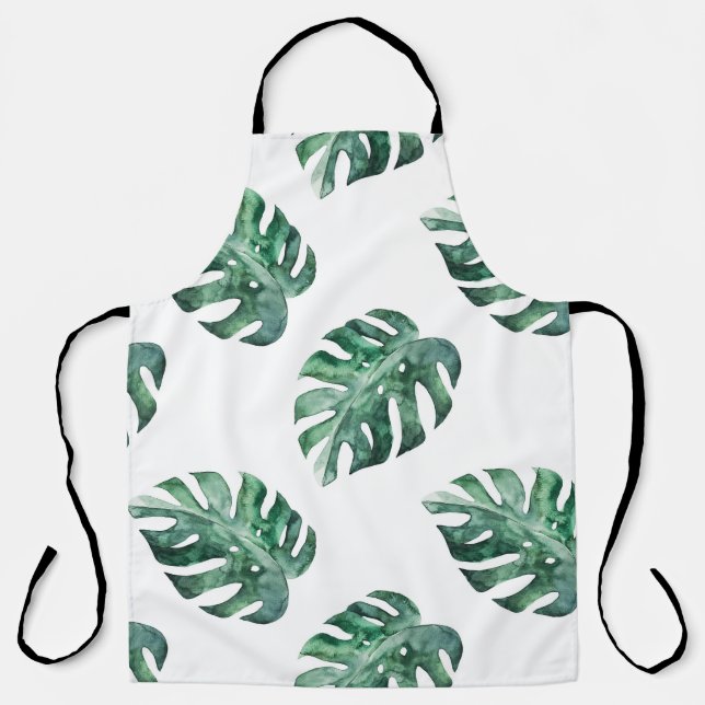 Green tropical leaves, watercolor pattern apron (Front)