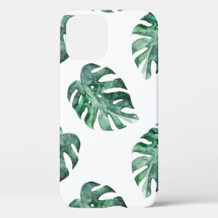 Green tropical leaves, watercolor pattern iPhone 12 case