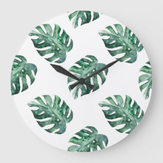 Green tropical leaves, watercolor pattern large clock