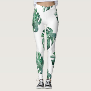 Green tropical leaves, watercolor pattern leggings