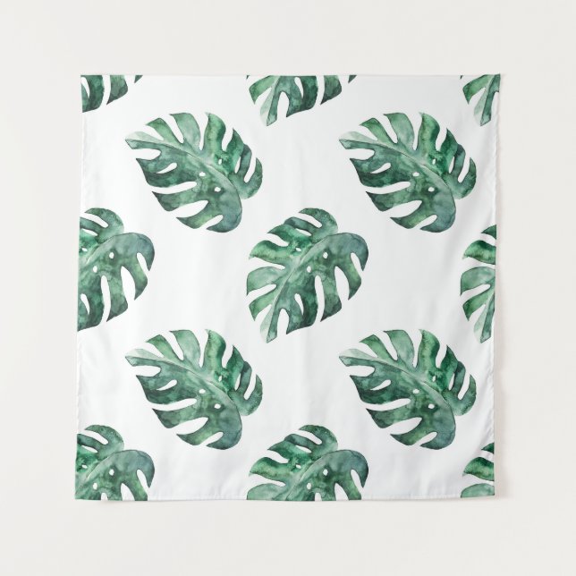 Green tropical leaves, watercolor pattern tapestry (Front)