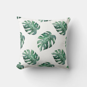 Green tropical leaves, watercolor pattern throw pillow