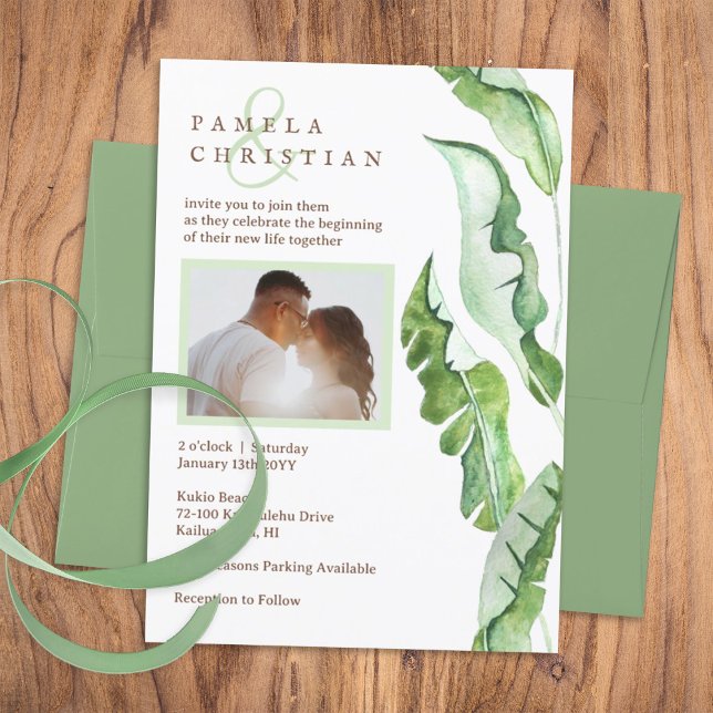 Green Tropical Leaves Wedding  Invitation (light green natural tropical plants, watercolor banana leaves, simple tropical wedding invitation)