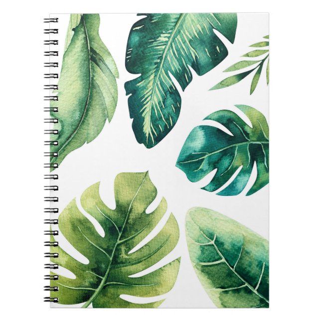 Green Tropical Leaves White Elegant Chic Summer Notebook (Front)