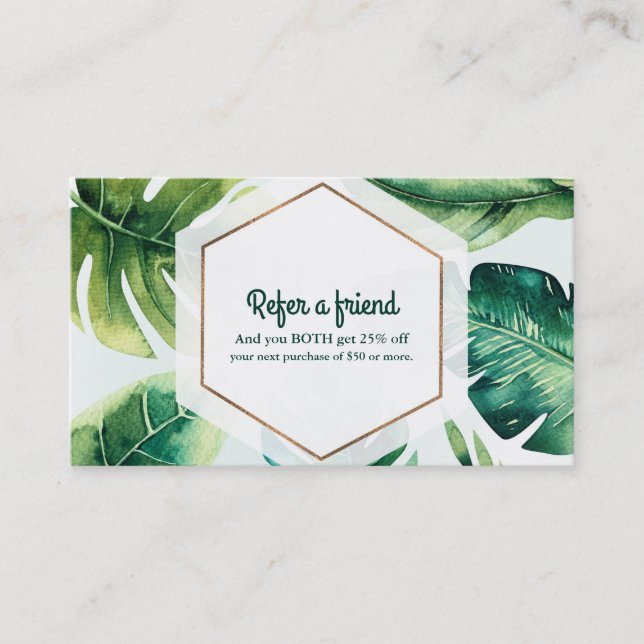 Green Tropical Leaves White Elegant Refer a Friend Referral Card (Front)