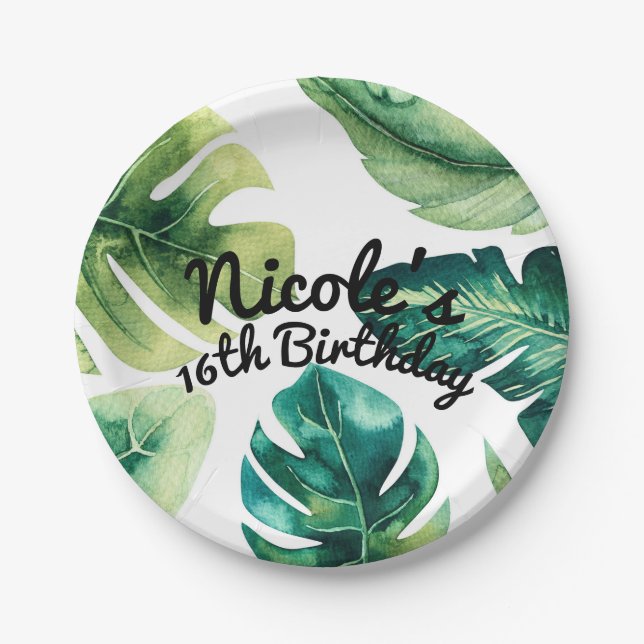 Green Tropical Leaves White Elegant Summer Party Paper Plate (Front)