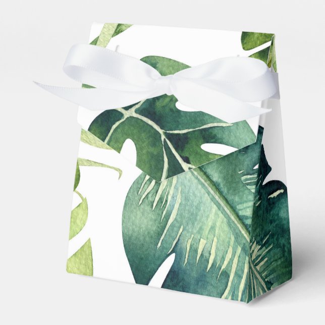 Green Tropical Leaves White Elegant Wedding Favour Favor Box (Front Side)