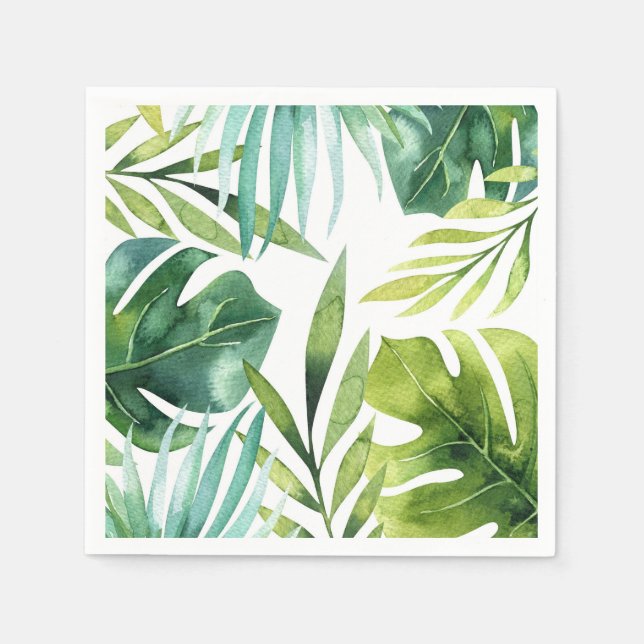 Green Tropical Leaves White Elegant Wedding Party Napkin (Front)