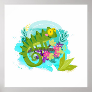 Green Tropical Lizard with Flowers Poster