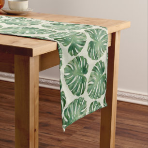Green Tropical Monstera Leaves Pattern  Short Table Runner