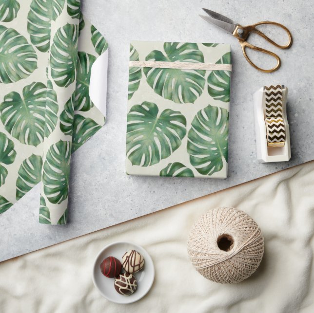 Green Tropical Monstera Leaves Pattern   Wrapping Paper (Crafts)