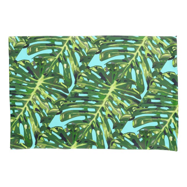 Green Tropical Monstera Leaves Pillow Case (Front)