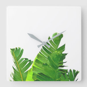 Green Tropical Palm Banana Leaves Square Wall Clock
