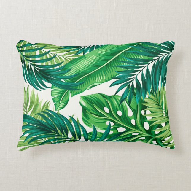 Green Tropical Palm Banana Monstera Accent Pillow (Front)