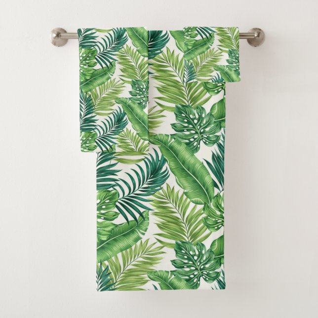Green Tropical Palm Banana Monstera Leaves  Bath Towel Set (Insitu)