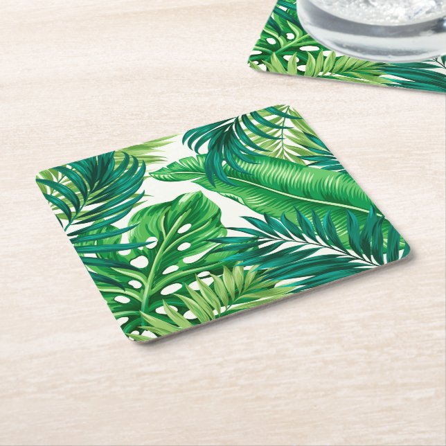 Green Tropical Palm Banana Monstera Leaves  Square Paper Coaster (Angled)