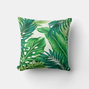 Green Tropical Palm Banana Monstera Leaves Throw Pillow