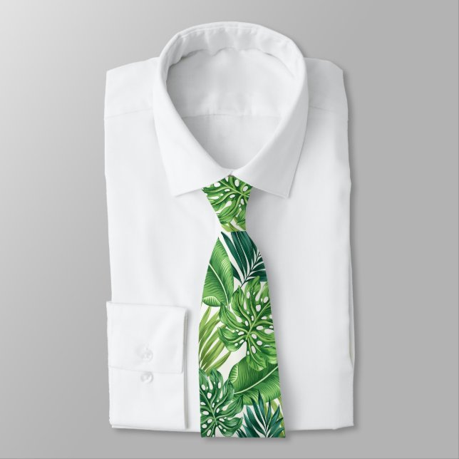 Green Tropical Palm Banana Monstera Leaves Tie (Tied)